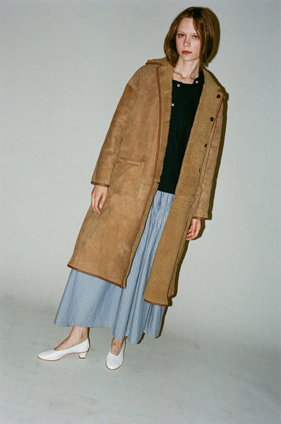 Cawley Sheepskin Suede Curly Roo Coat in Tan